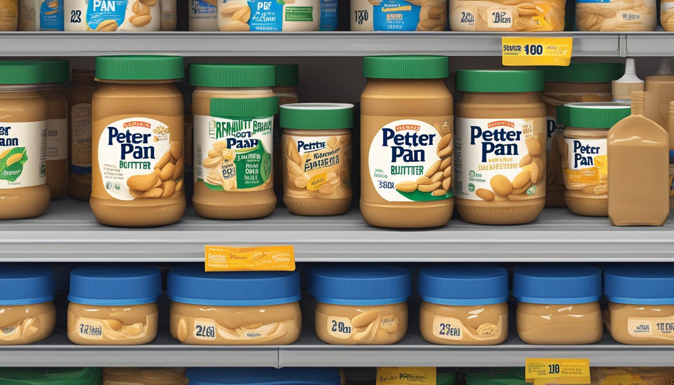 A jar of Peter Pan Peanut Butter sits on a supermarket shelf next to other brands. The label states the expiration date