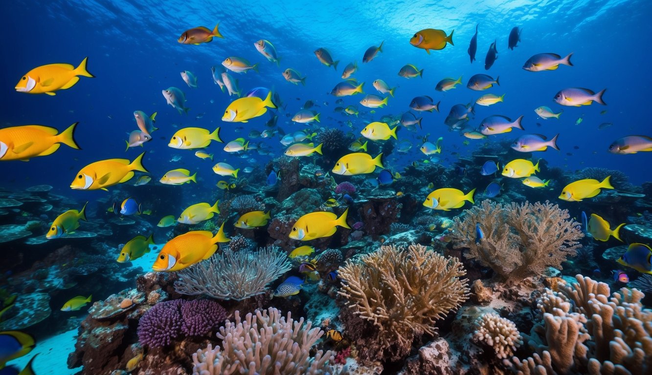 Dunia bawah laut yang ramai dengan ikan berwarna-warni dan terumbu karang yang memukau