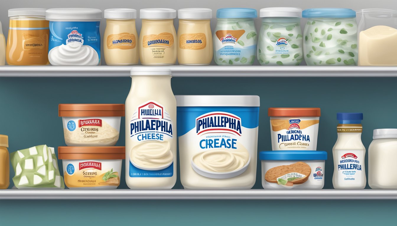 A tub of Philadelphia Cream Cheese sits unopened on a clean, organized refrigerator shelf, surrounded by other dairy products and condiments