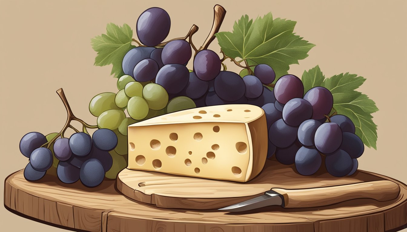 A wheel of Pecorino Romano cheese sits on a wooden cheese board, surrounded by grapes and a knife