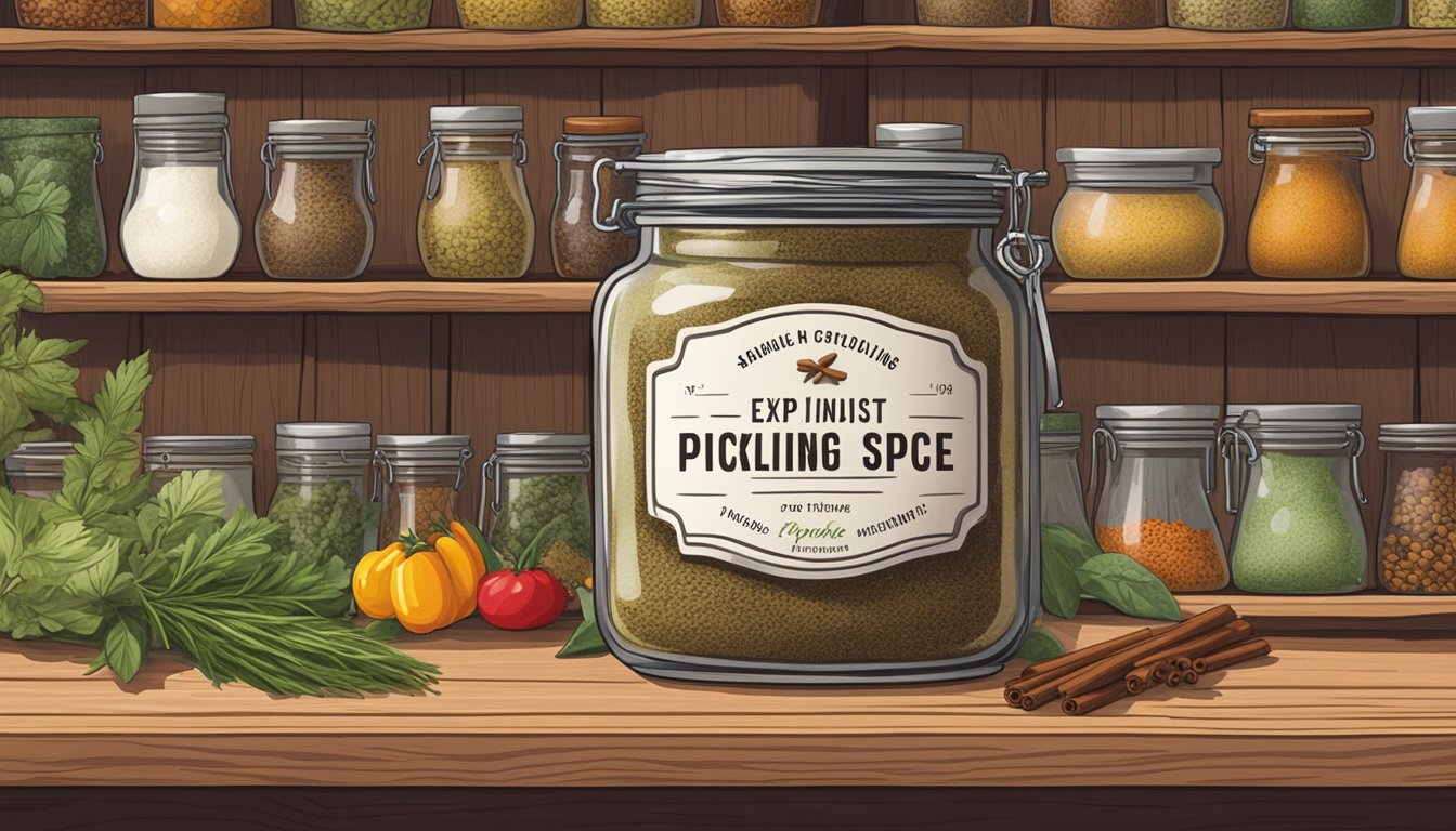 A jar of pickling spice sits on a wooden shelf, surrounded by various herbs and spices. The label on the jar indicates the expiration date