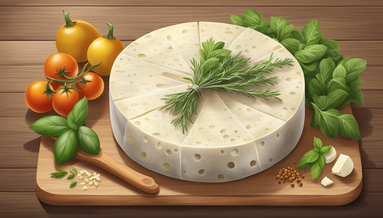 A wheel of Pecorino Romano cheese sits on a wooden cutting board, surrounded by a variety of fresh herbs and spices. The cheese is wrapped in parchment paper to preserve its freshness