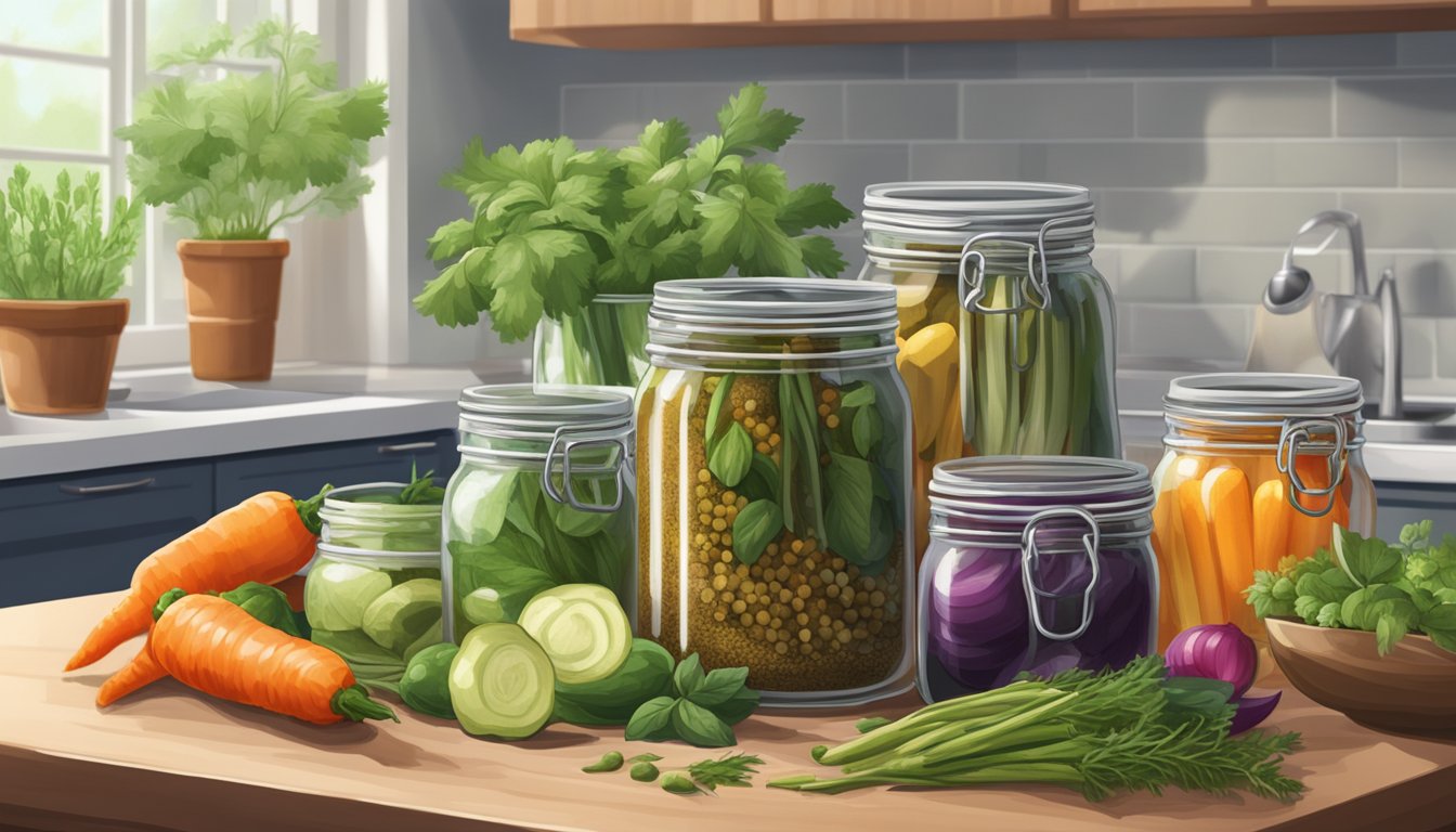 A jar of pickling spice sits on a clean, well-lit kitchen counter, surrounded by fresh herbs and vibrant vegetables