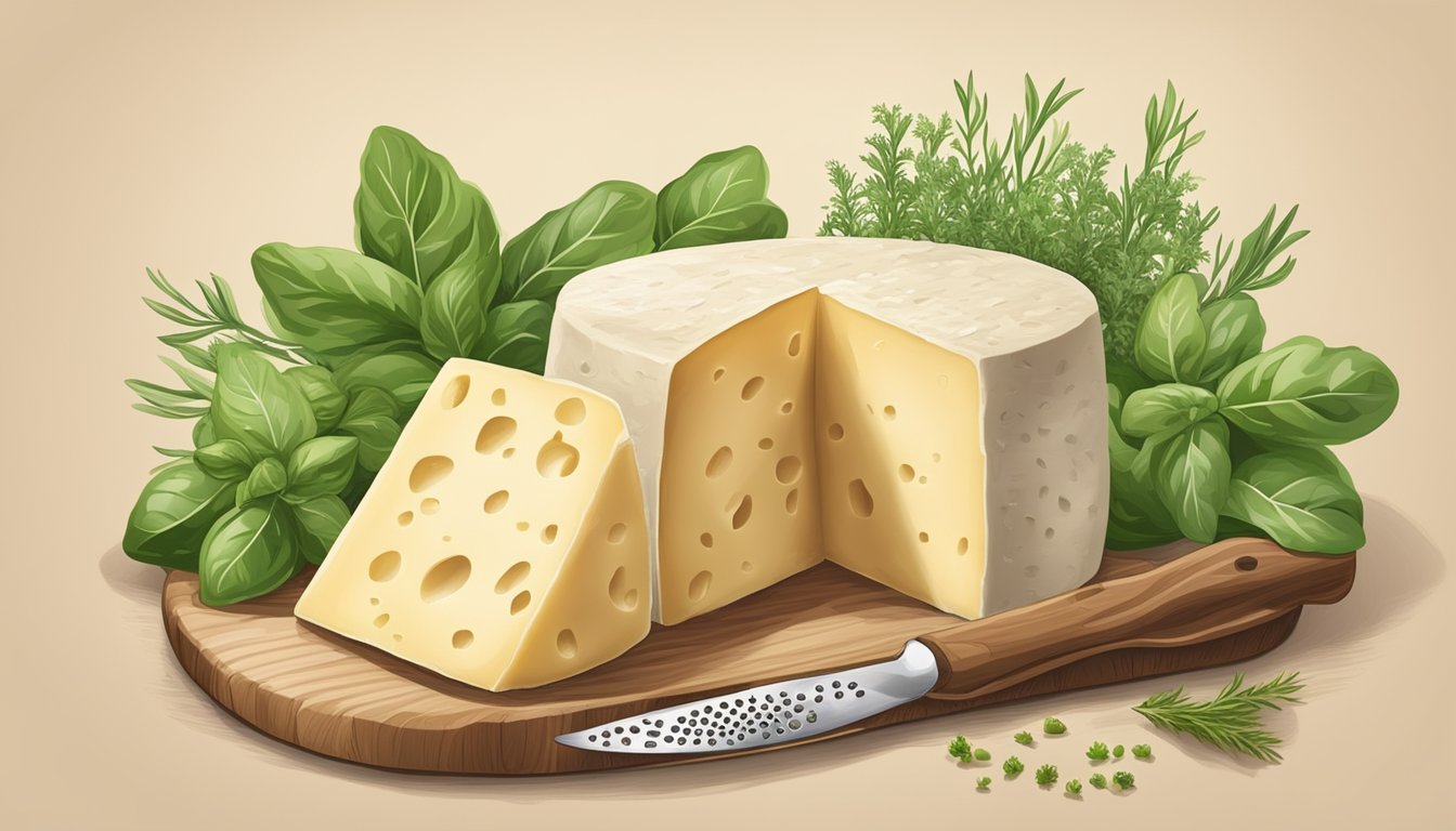 A wheel of Pecorino Romano cheese sits on a wooden board, surrounded by fresh herbs and a vintage cheese grater