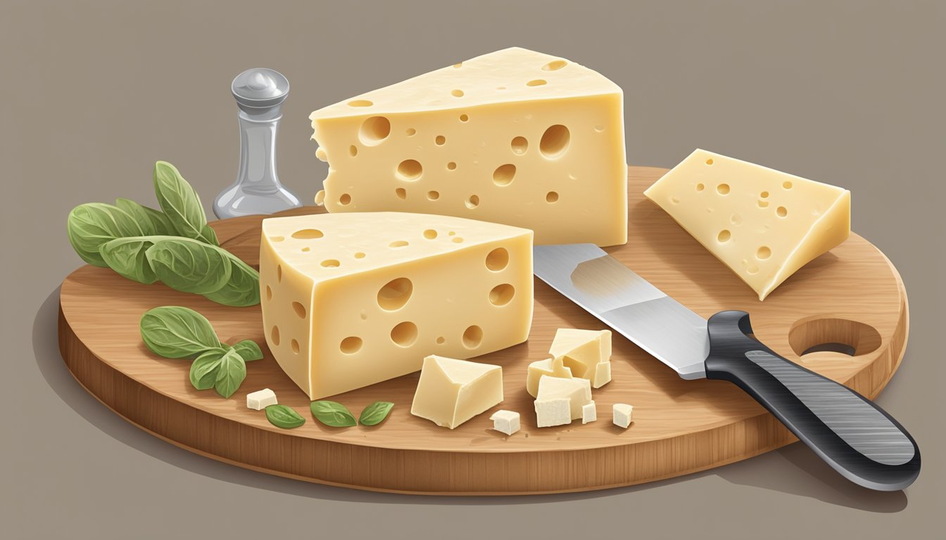 A block of Pecorino Romano cheese on a wooden cutting board, surrounded by a cheese grater, knife, and a few wedges of the cheese