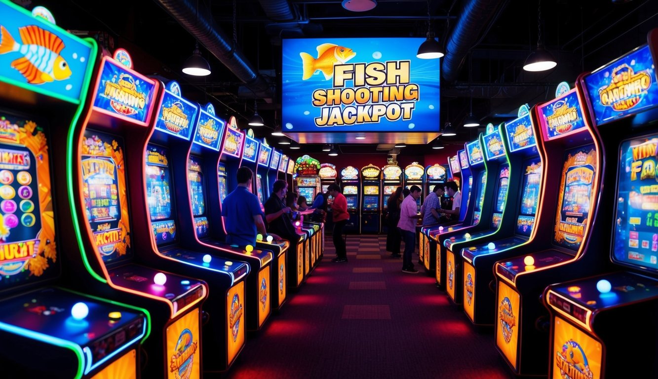 Sebuah arcade yang ramai dengan lampu berwarna-warni yang berkedip dan barisan mesin arcade, dengan permainan besar "Jackpot Menembak Ikan" yang menarik kerumunan