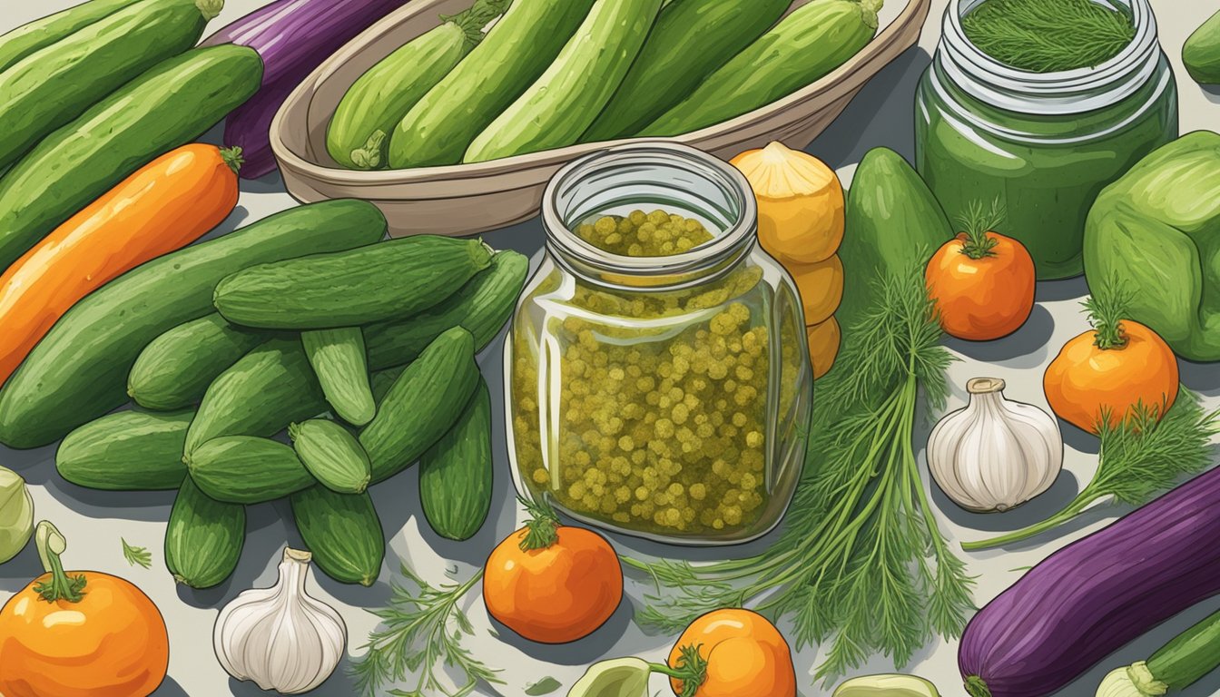 A jar of pickling spice sits on a kitchen counter, surrounded by fresh cucumbers, dill, and garlic. The vibrant colors and aromatic herbs evoke a sense of excitement for the pickling process