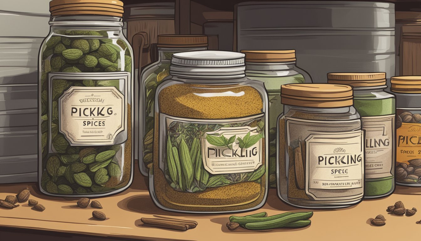 A jar of pickling spice sits on a shelf, surrounded by other spice containers. The label on the jar indicates the date it was opened