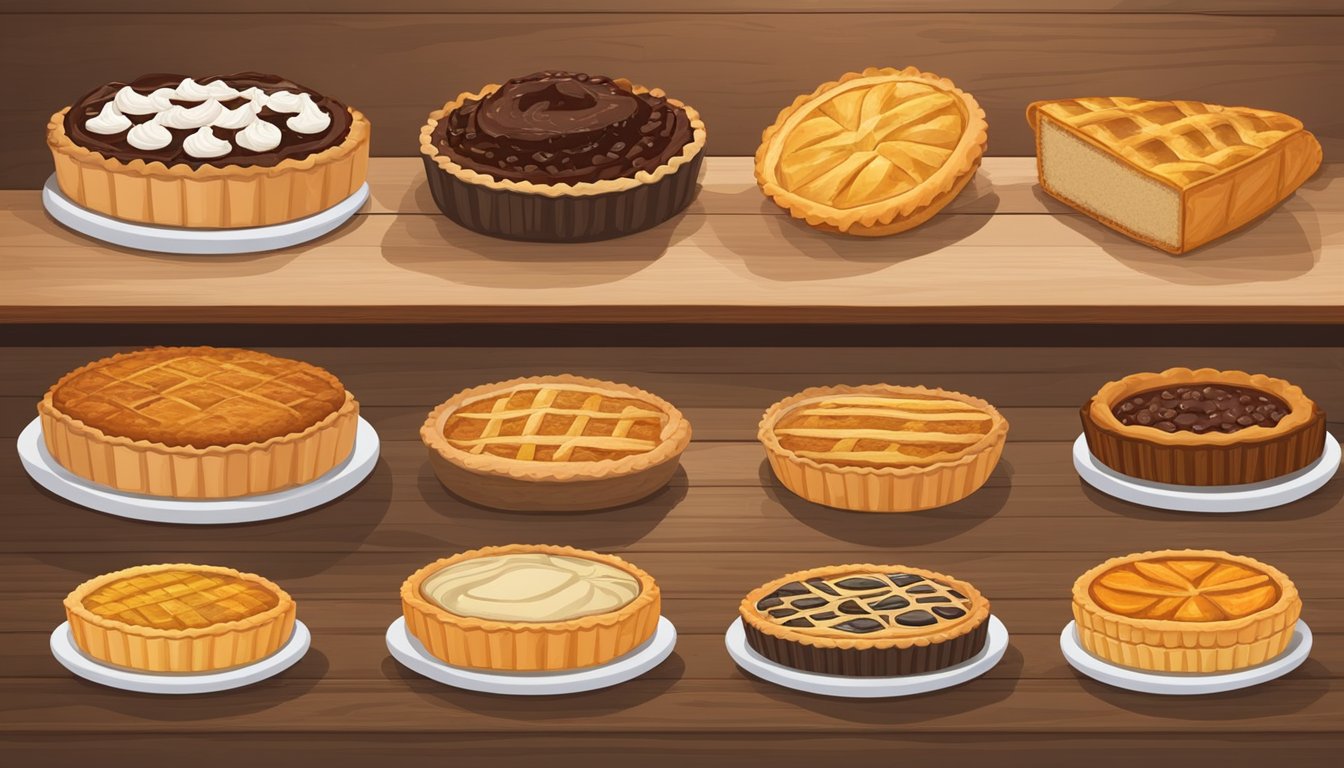 A variety of pies arranged on a wooden table, some whole and others sliced, with different fillings and crusts