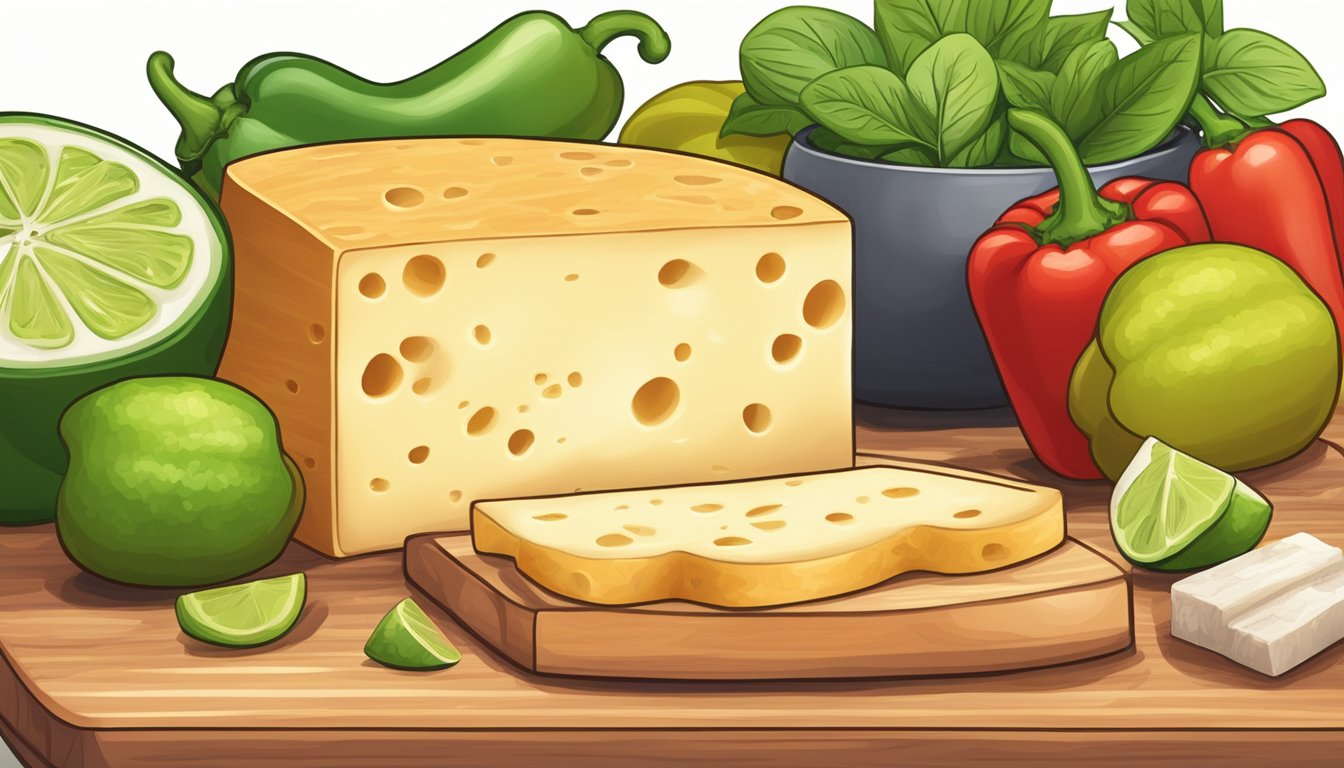 A block of pepper jack cheese sits on a wooden cutting board, surrounded by colorful peppers and a wedge of lime