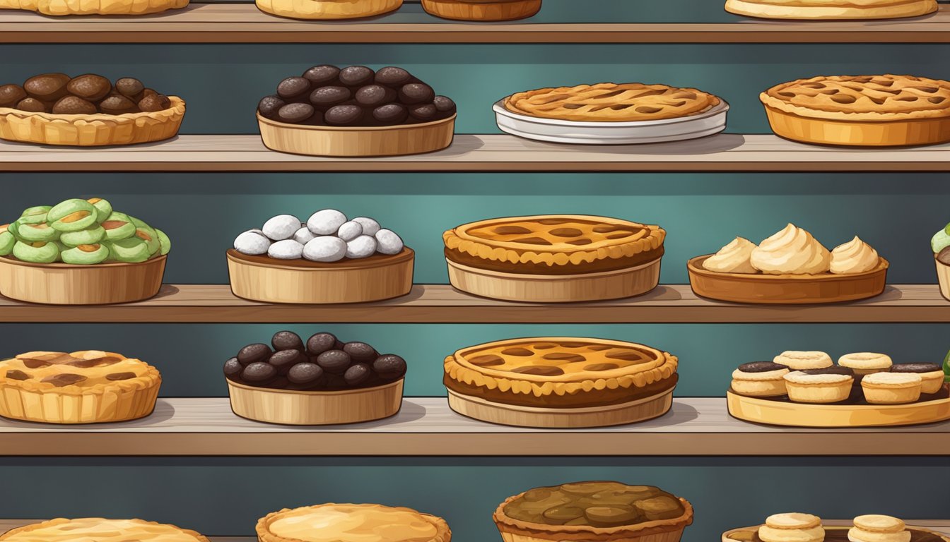 A shelf with various pies in different stages of freshness, from freshly baked to moldy