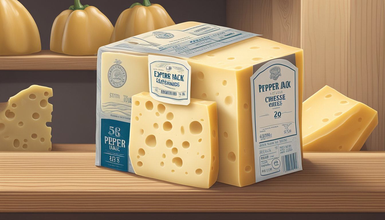 A block of pepper jack cheese sits on a wooden shelf next to other cheeses, with a label indicating the expiration date