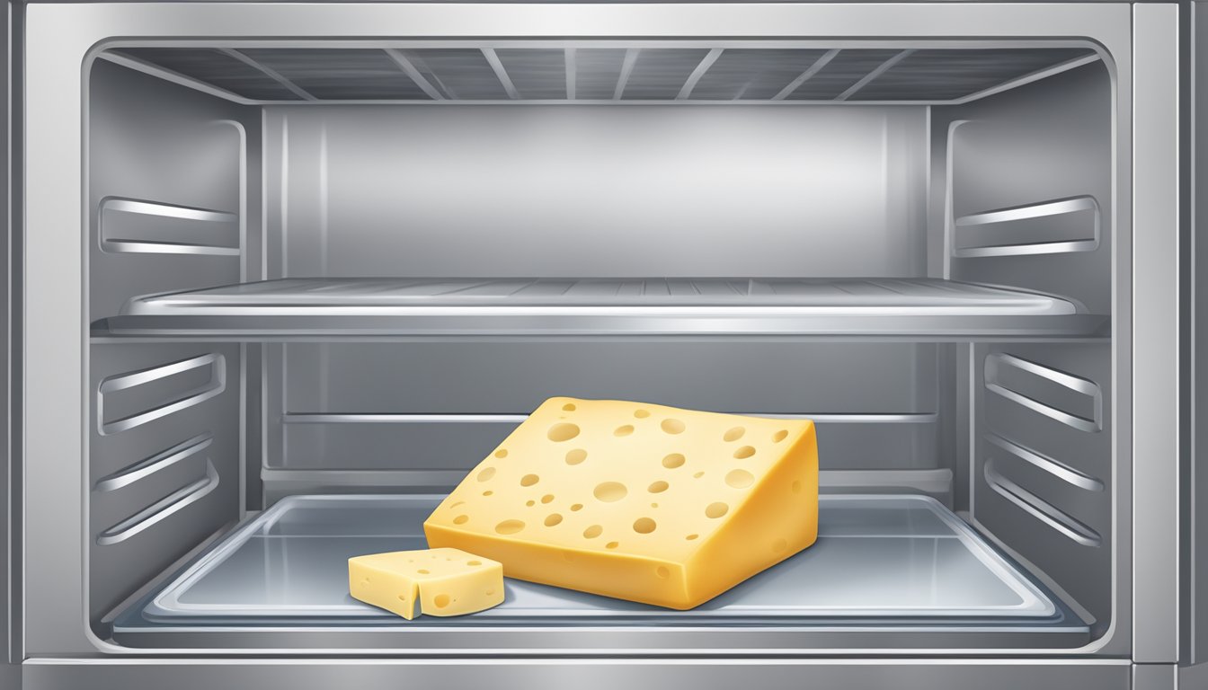 A block of pepper jack cheese in a sealed container in a refrigerator