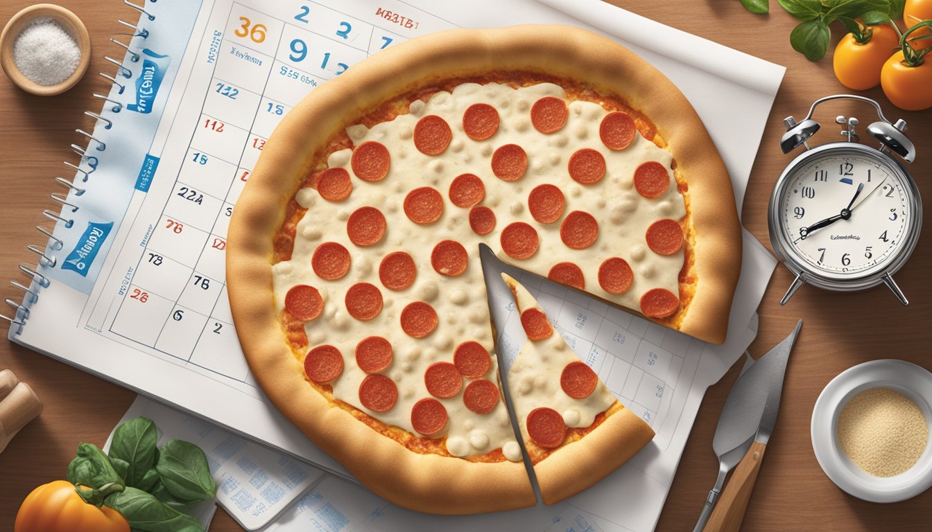 A Pillsbury Classic Pizza Crust sits untouched on a kitchen counter, surrounded by a calendar and a clock, with a faint odor of spoilage in the air