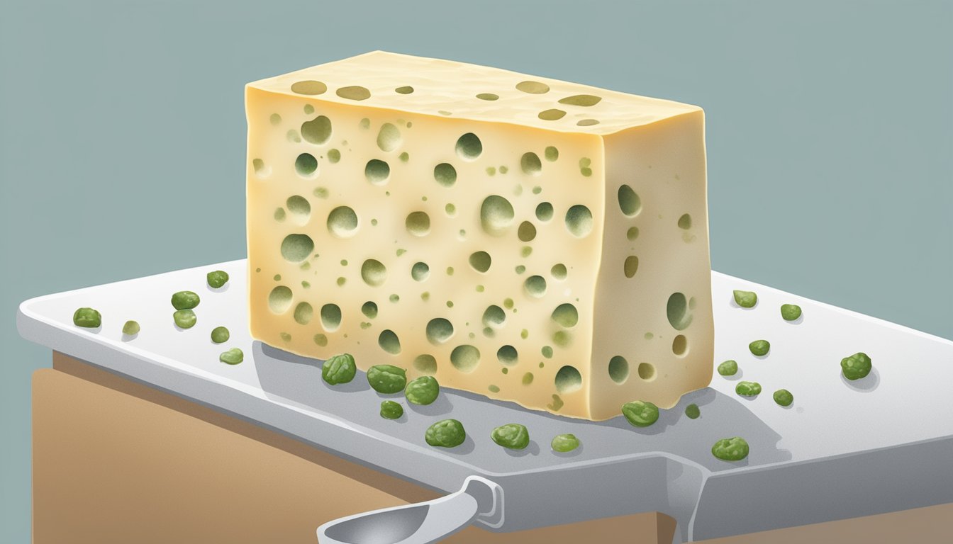 A block of pepper jack cheese sits on a kitchen counter, surrounded by small spots of mold and a faint, unpleasant odor