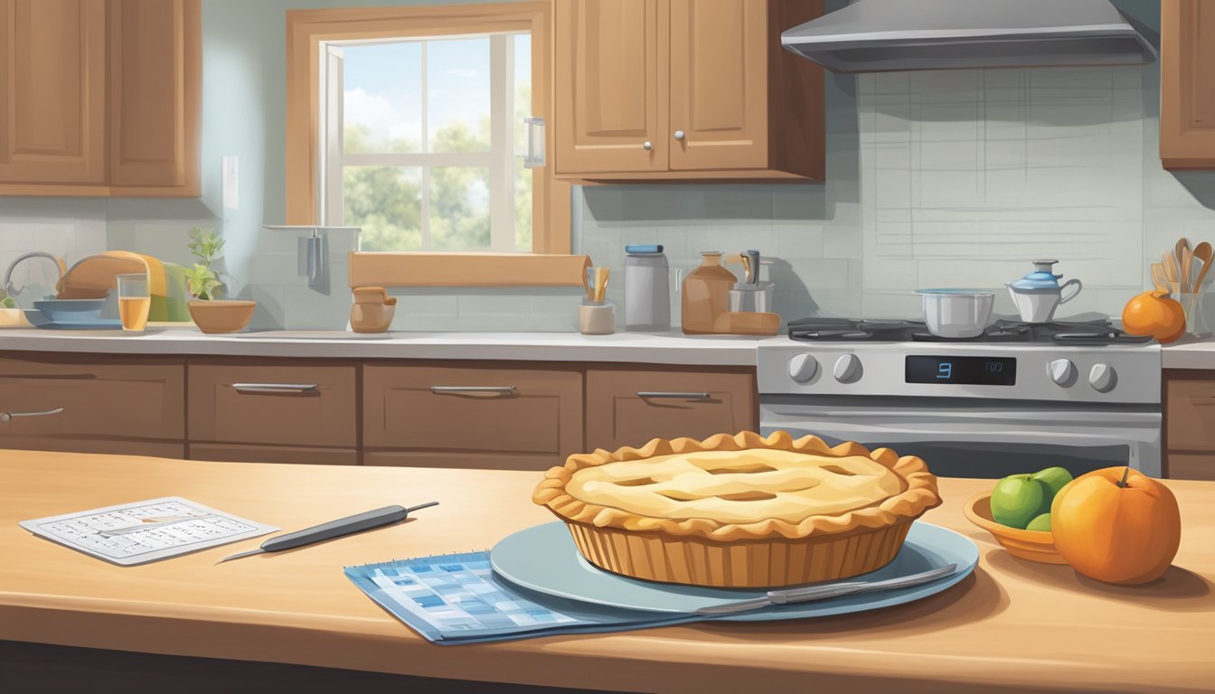 A pie sitting on a kitchen counter with a calendar showing the passage of time, and a small thermometer indicating the temperature