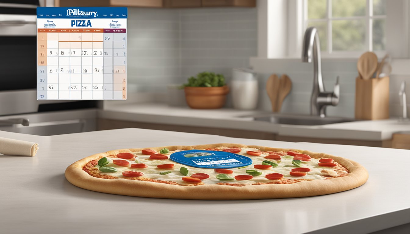 A Pillsbury Classic Pizza Crust sits unopened on a clean, organized kitchen counter, with a calendar in the background showing the current date