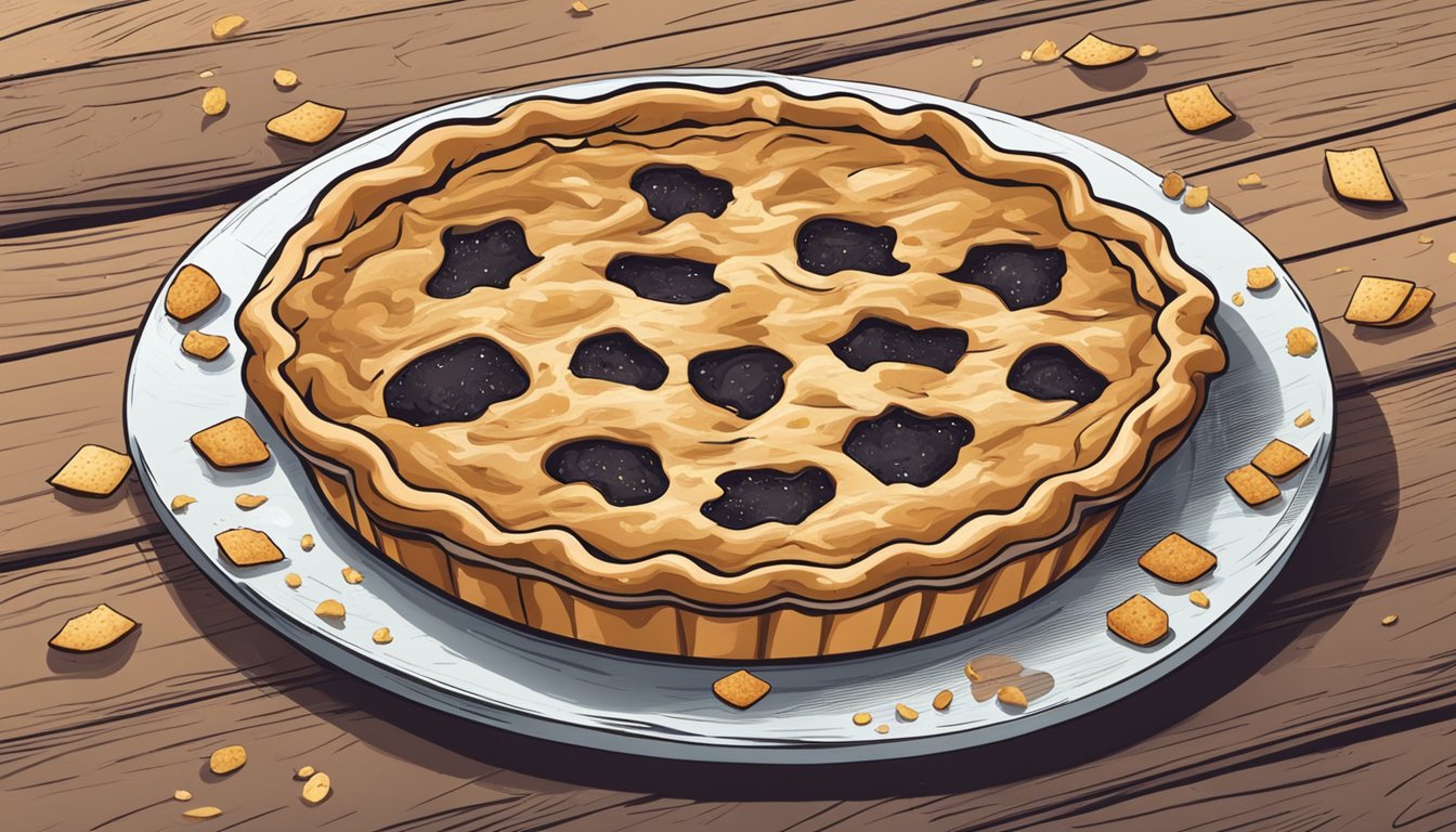 A freshly baked pie sits on a rustic wooden table, surrounded by a scattering of crumbs and a few remaining crumbs