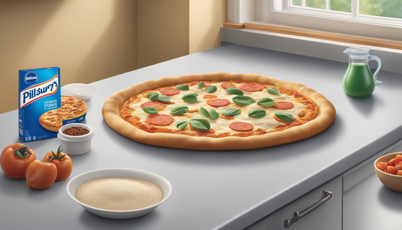 A partially used tube of Pillsbury Classic Pizza Crust sits on a kitchen counter, next to a baking sheet and a bowl of pizza toppings