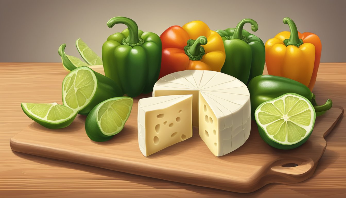 A block of Pepper Jack cheese sits on a wooden cutting board, surrounded by colorful peppers and a wedge of lime