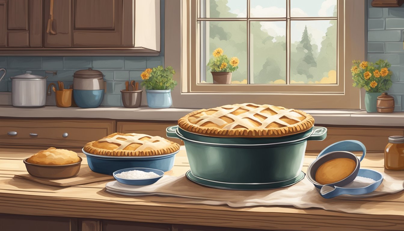 A freshly baked pie cooling on a windowsill, surrounded by a rustic kitchen with flour-dusted countertops and a vintage pie tin