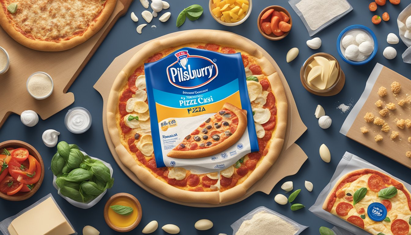 A Pillsbury Classic Pizza Crust package sits on a kitchen counter, surrounded by various Pillsbury product varieties