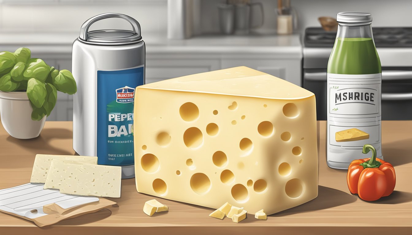 A block of pepper jack cheese sits on a kitchen counter next to a calendar and a refrigerator. The cheese is partially unwrapped, with a few slices missing