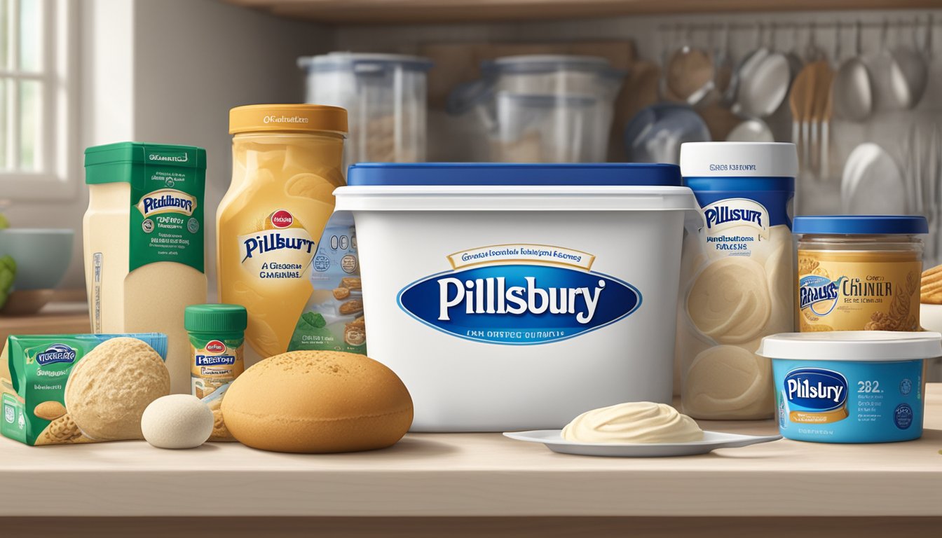 A Pillsbury dough container sits unopened on a kitchen counter, surrounded by various baking ingredients and utensils. The expiration date is prominently displayed on the packaging