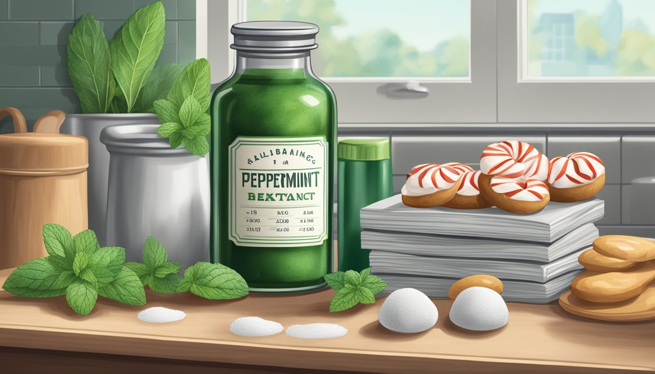 A sealed bottle of peppermint extract on a kitchen shelf, surrounded by baking ingredients and a calendar showing the current date