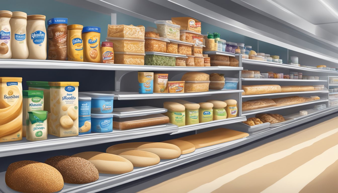 A Pillsbury dough tube sits on a clean, organized shelf in a grocery store, surrounded by other baking products