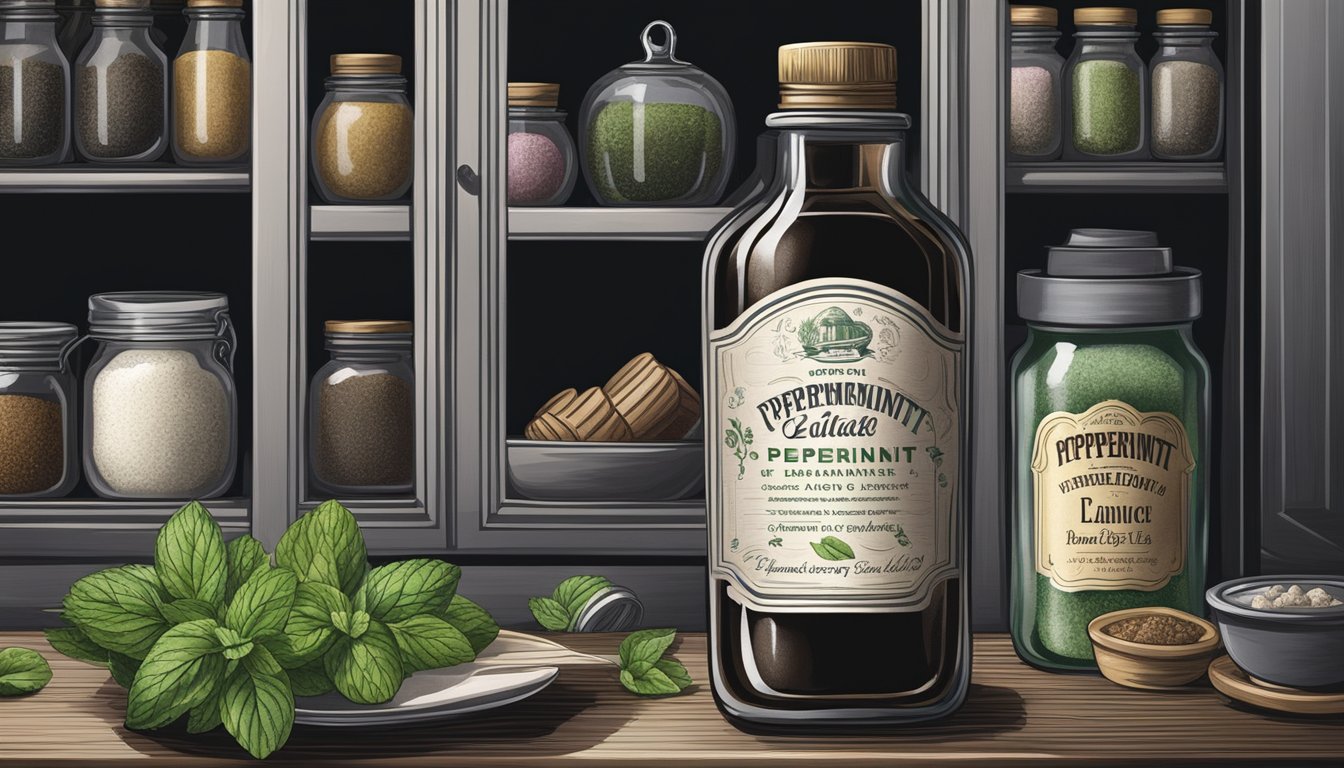 A tightly sealed bottle of peppermint extract sits on a shelf in a cool, dark pantry, surrounded by other baking ingredients