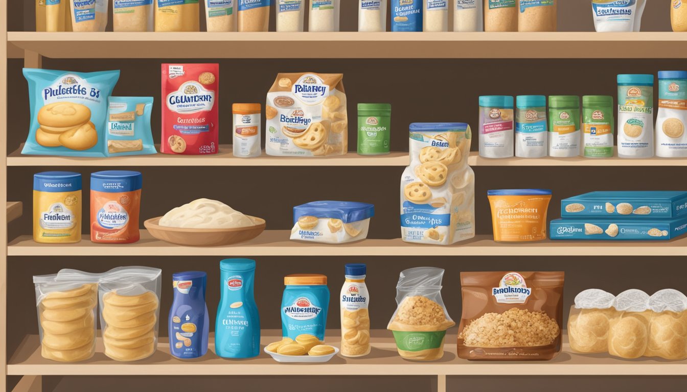 A pantry shelf with Pillsbury dough in its original packaging, surrounded by other dry goods and baking supplies