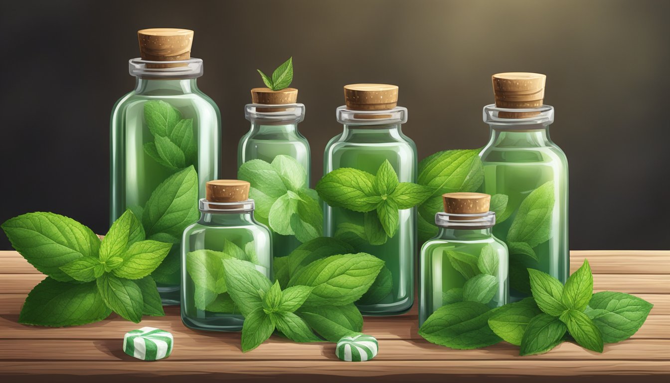 A variety of peppermint extracts in different bottles sit on a rustic wooden table, surrounded by fresh peppermint leaves and sprigs