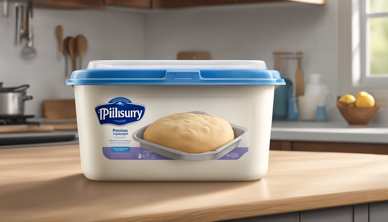 A Pillsbury dough container sits on a kitchen counter, with a visible expiration date and signs of mold or discoloration