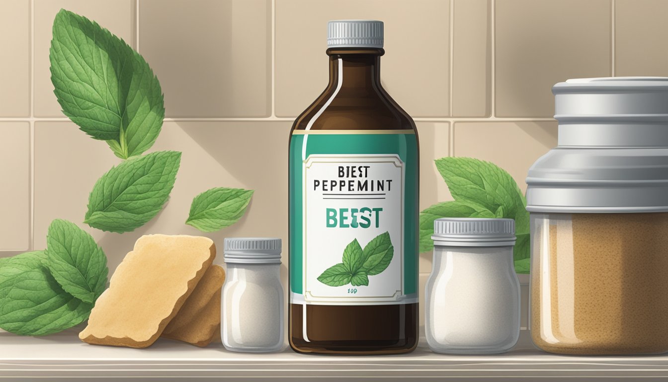 A bottle of peppermint extract sits on a shelf next to other baking ingredients, with a "best by" date clearly visible on the label