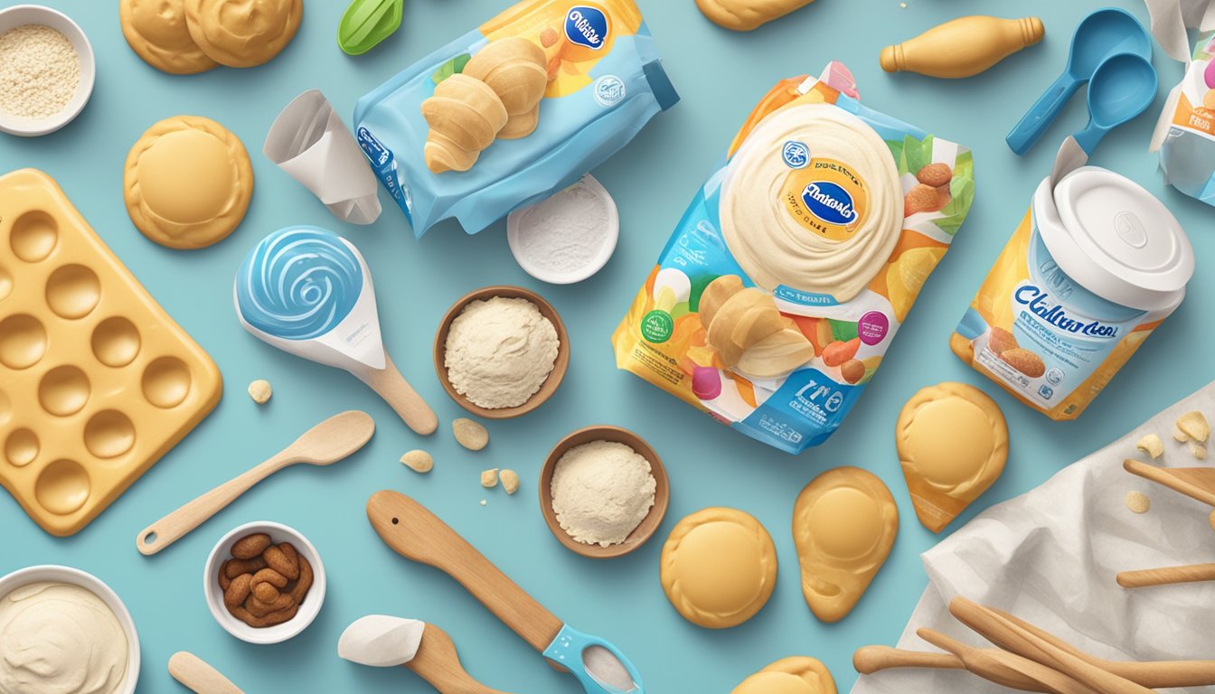 A colorful kitchen counter with Pillsbury dough packaging and various baking tools scattered around