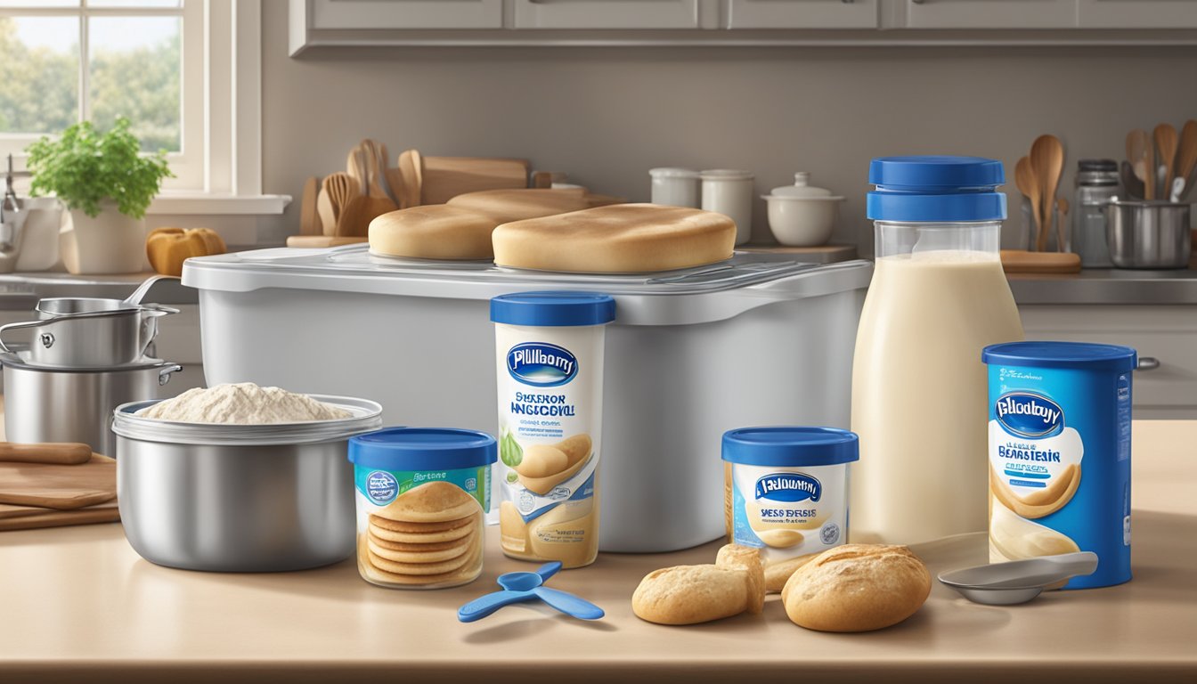 A Pillsbury dough container sits unopened on a clean kitchen counter, surrounded by various baking utensils and ingredients