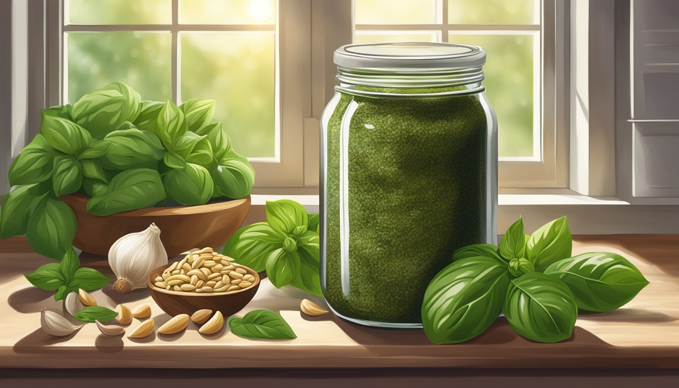 A jar of pesto sauce sits on a kitchen counter, surrounded by fresh basil leaves, garlic cloves, and pine nuts. The sunlight streams in through the window, casting a warm glow on the ingredients