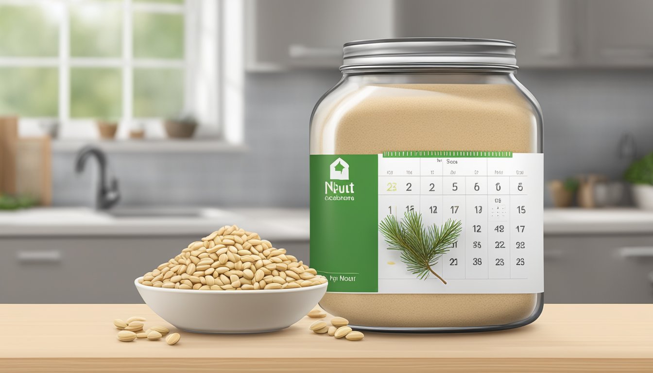 A jar of pine nut flour sits on a kitchen counter, next to a calendar showing the current date. The jar is unopened, with a clear expiration date printed on the label