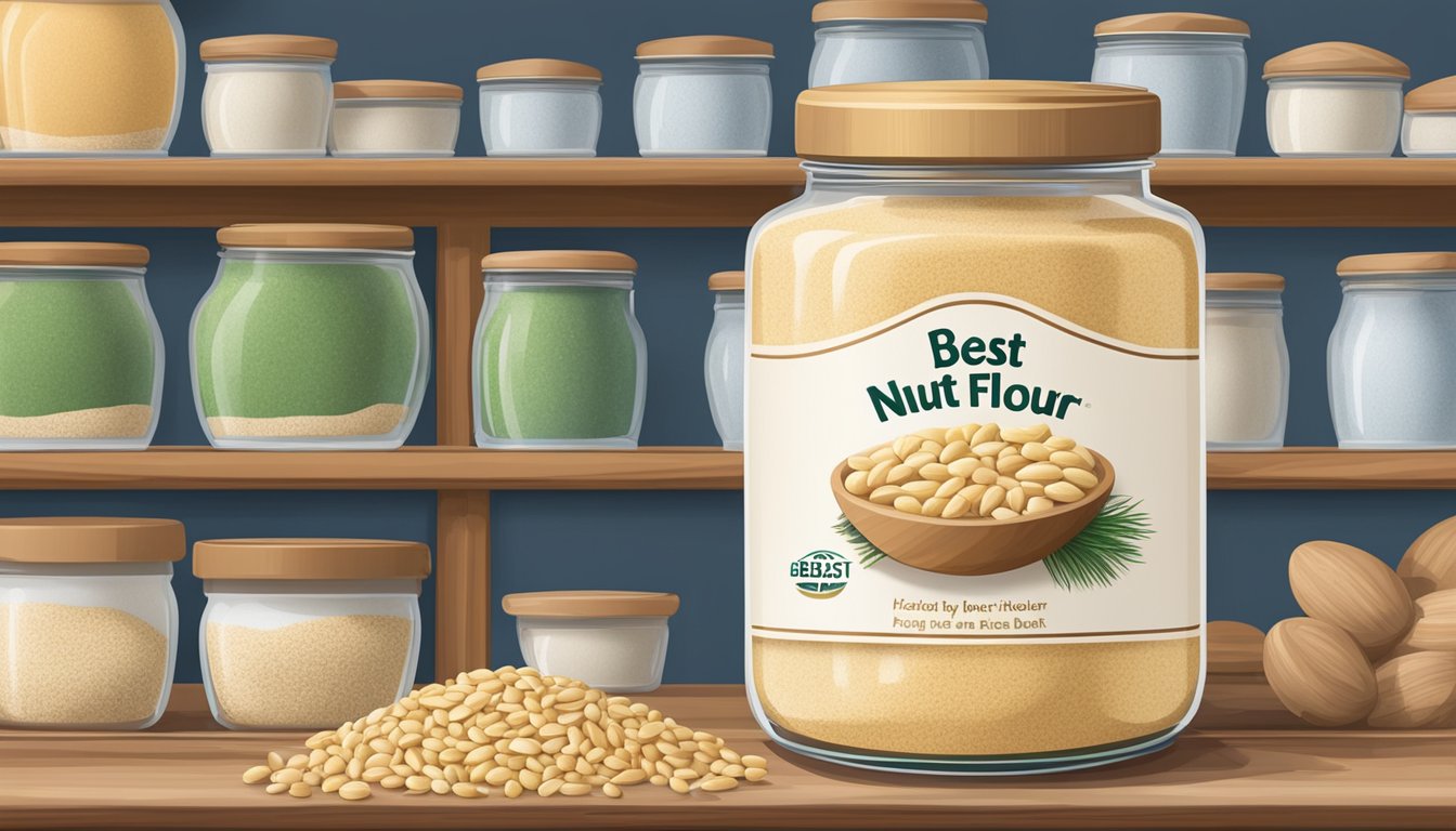 A sealed jar of pine nut flour on a pantry shelf, with a "best by" date clearly visible on the label