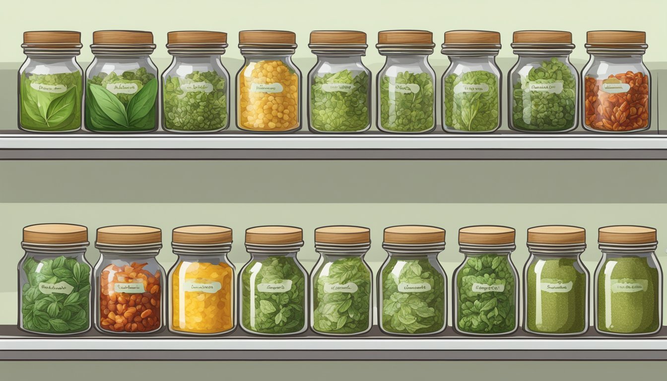 A variety of pesto jars arranged on a shelf, with labels indicating different types such as basil, sun-dried tomato, and arugula