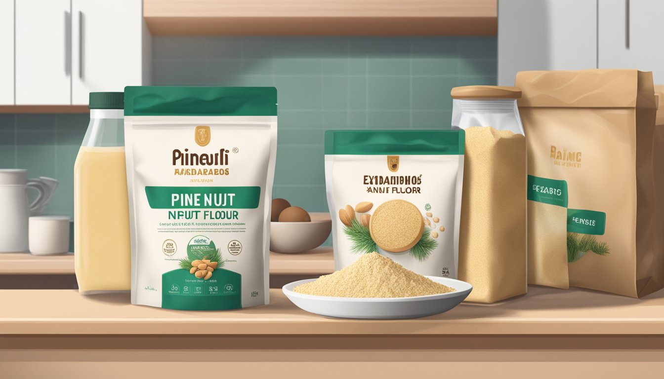 A sealed bag of pine nut flour sits on a kitchen shelf beside other baking ingredients. The expiration date on the package is clearly visible