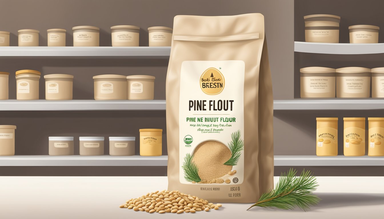 A sealed bag of pine nut flour sits on a pantry shelf, with a best-by date visible