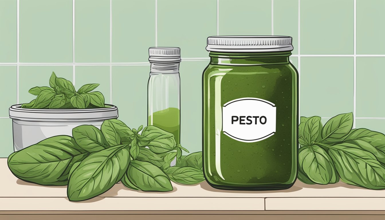 A jar of pesto sauce sits on a kitchen counter, surrounded by fresh basil leaves and a few moldy ones. The expiration date on the jar is clearly visible