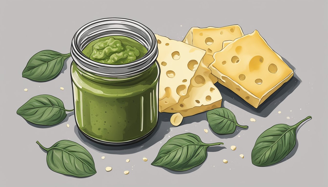 A jar of spoiled pesto sauce sits on a kitchen counter, surrounded by wilted basil leaves and moldy cheese. The once vibrant green sauce now appears discolored and unappealing