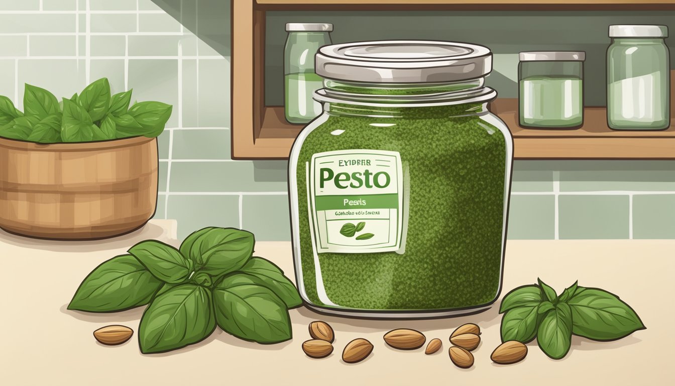 A jar of pesto sauce sits on a kitchen shelf, surrounded by fresh basil leaves and pine nuts. The label indicates the expiration date