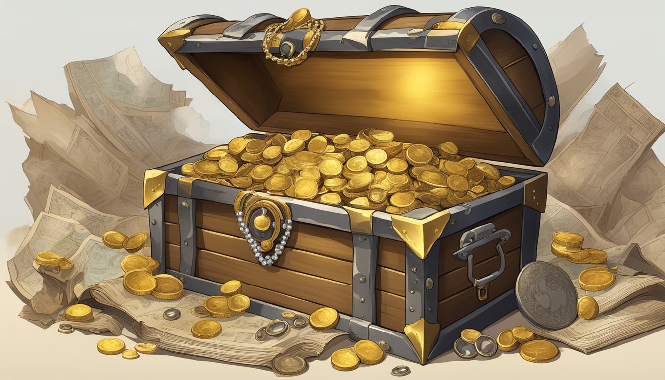 A treasure chest overflowing with gold coins and jewels, surrounded by tattered maps and weathered scrolls