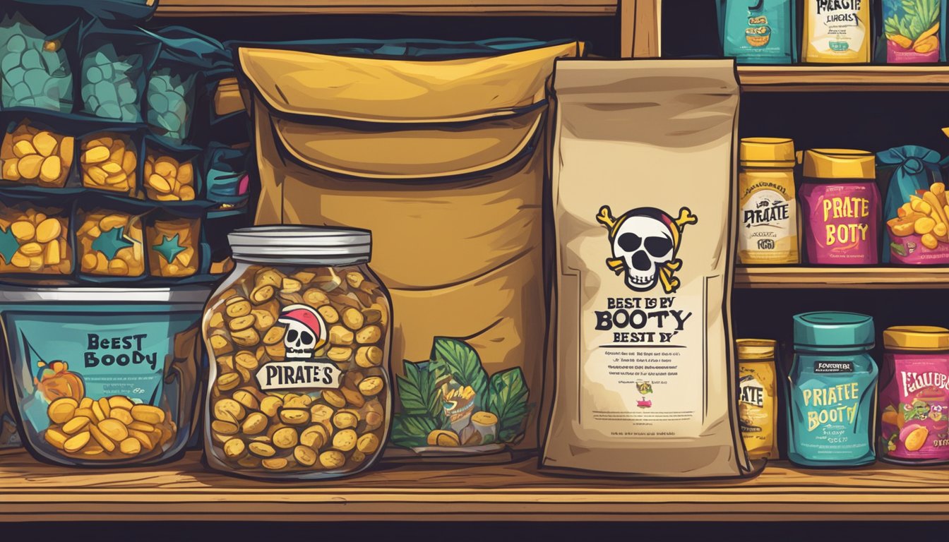 A bag of Pirate's Booty sits on a shelf next to other snacks, with a "best by" date visible