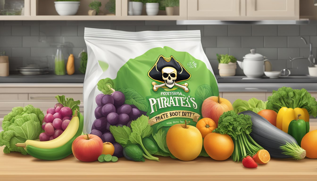 A bag of Pirate's Booty sits on a kitchen counter, surrounded by fresh fruits and vegetables. The expiration date is visible on the packaging