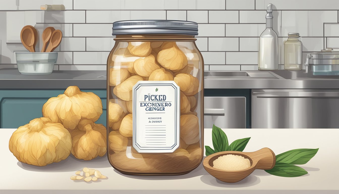 A jar of pickled ginger sits on a kitchen counter, surrounded by fresh ginger root, vinegar, and sugar. The jar is labeled with the expiration date